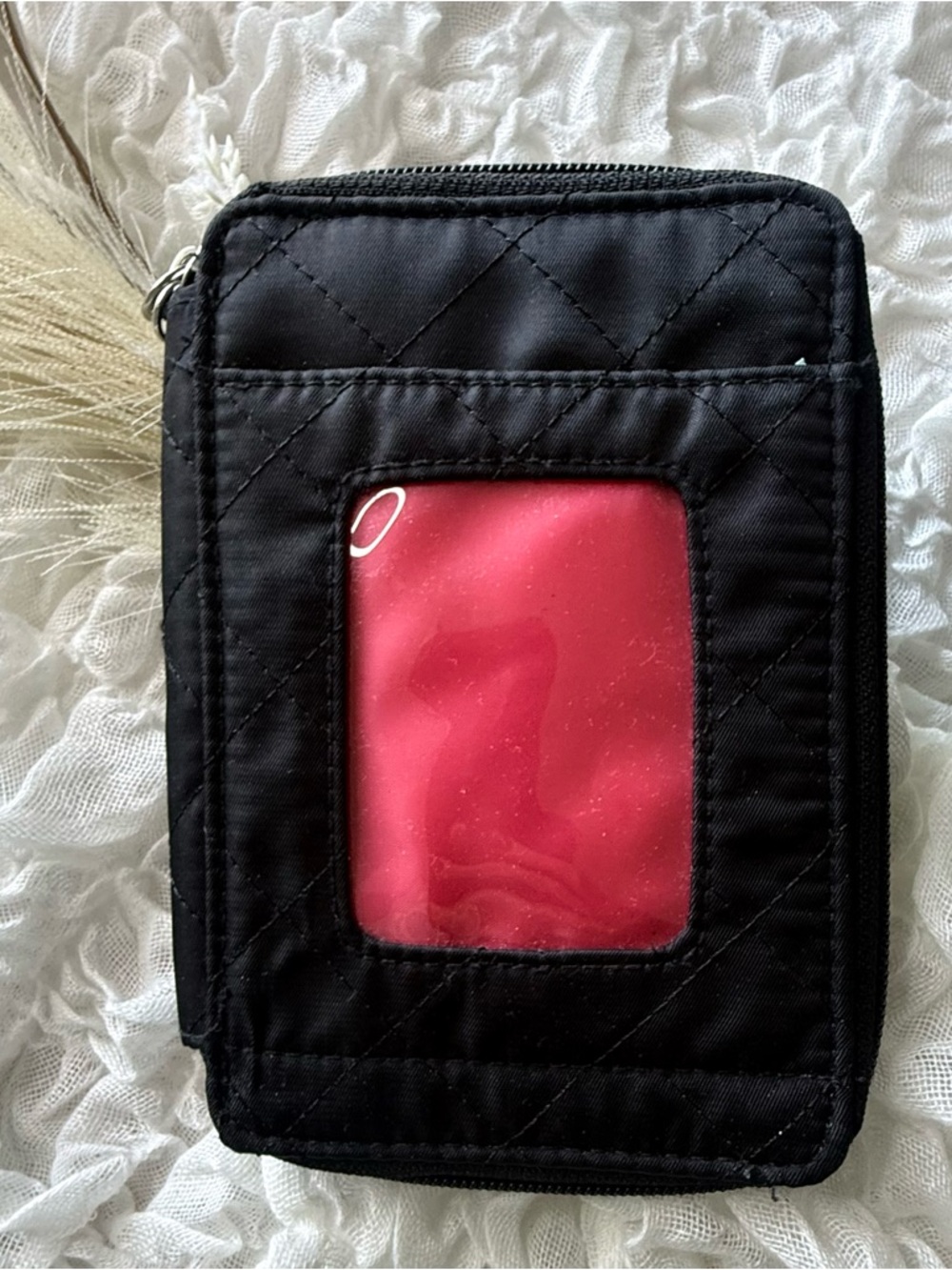 Black Quilted Wallet with Pink ID Window